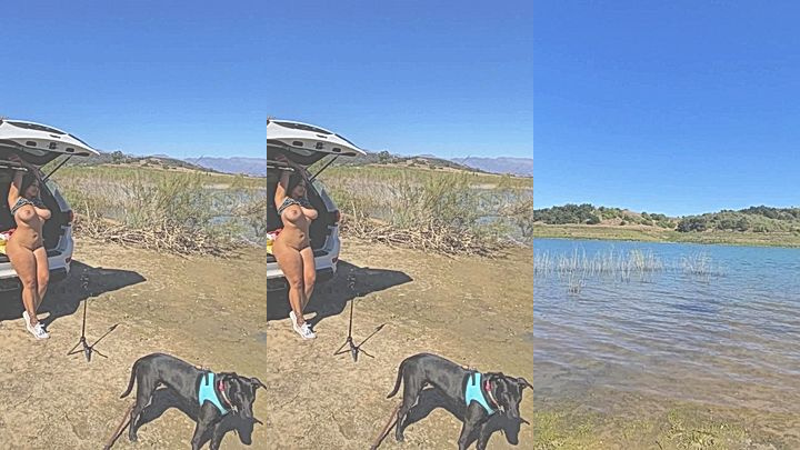naked Helayna Marie with her dog by the lake onlyfans