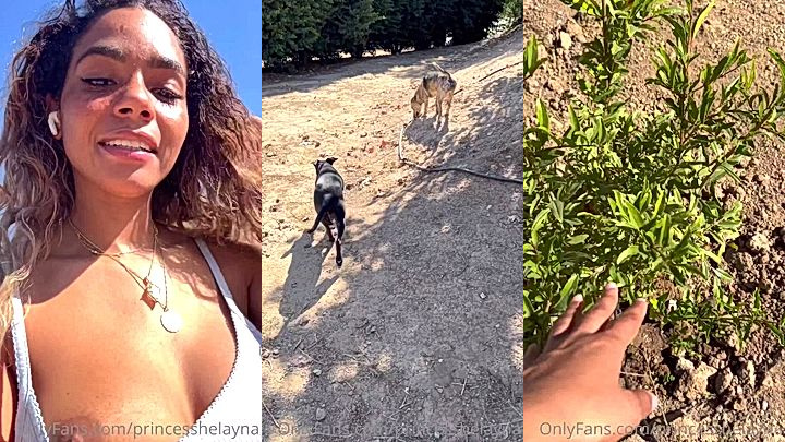 busty ebony model Helayna Marie shows her huge boobs while she take care of her garden