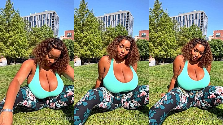 onlyfans model Temptress119 out in the park stretching with her massive big boobs begging for attention