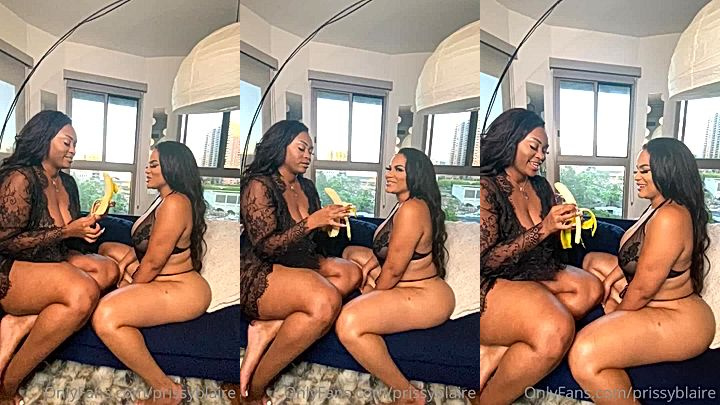 freaky horny babe Prissy Blaire share a banana with her sexy plus sizzed model