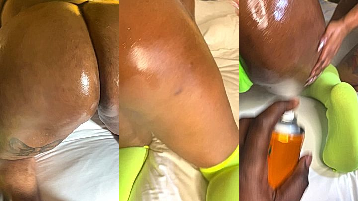 busty ebony Prissy Blaire’s erotic body tease with oil being rubbed all over my body