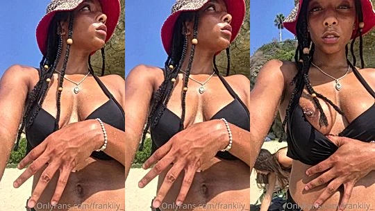 freaky ebony slut Frankiiy showing her boobs while on tour
